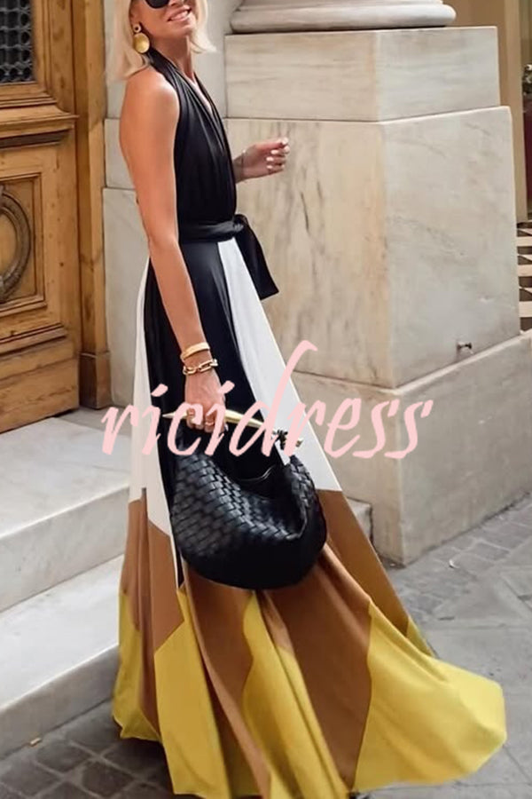 Fashion Colorblock Sexy Backless Tie Waist Full Hem Maxi Dress