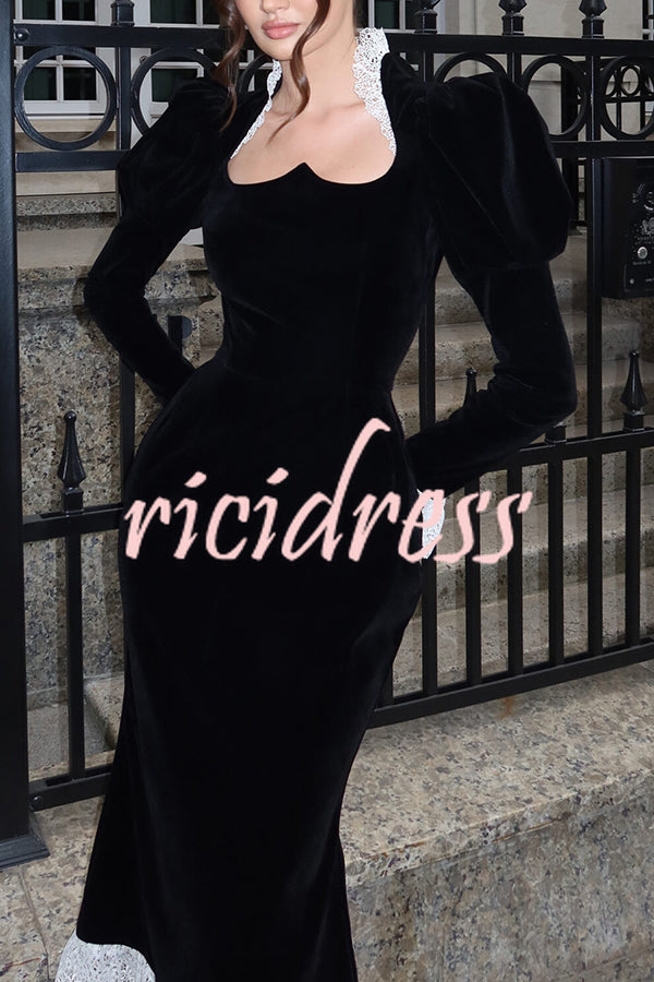 Baroque Style Velvet Lace Trim Sweetheart Neck Long Sleeve Flare Midi Dress