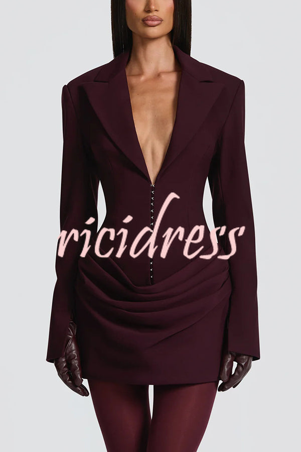 Solid Color Slim-fit V-neck Elegant Draped Formal Mini Dress