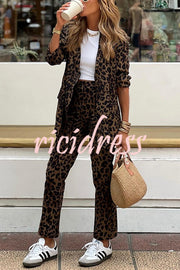 Wild Personality Leopard Pocket Relaxed Lapel Blazer and Elastic Waist Pants Set