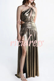 Shine Bright Metallic Fabric One Shoulder Cutout Back Lace-up Slit Maxi Dress