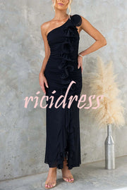 Fashion One-shoulder Pleated Sexy High Slit Slim Dress