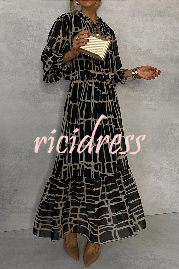 Unique Printed V-neck Tie-up Waist Long-sleeve Maxi Dress