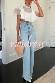 Kathlyn Lace Layered Tulle High Neck Ruffle Cropped Top
