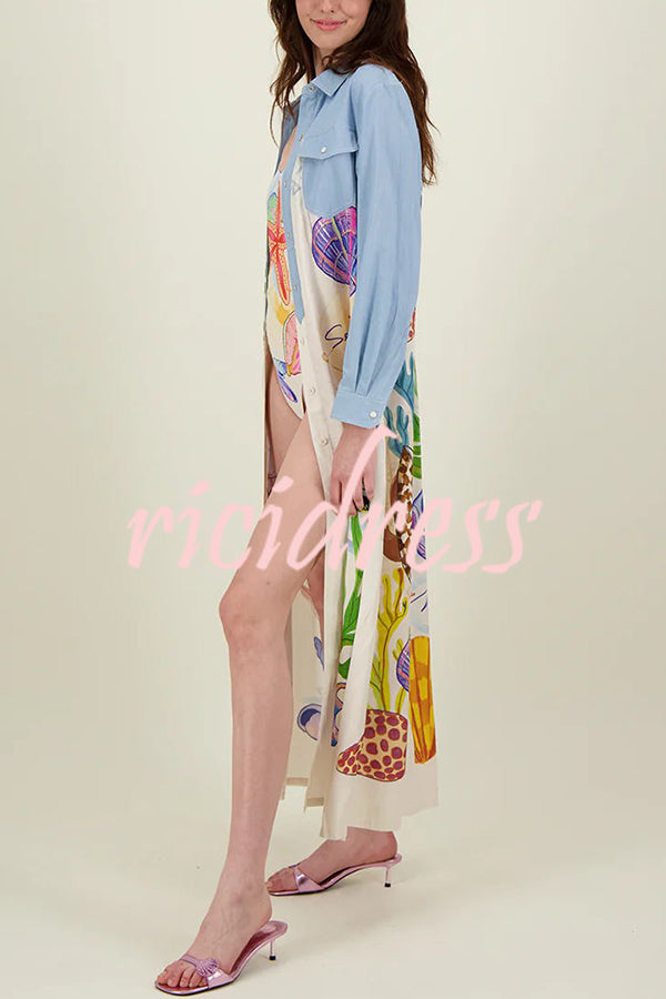 Take A Trip Marine Elements Unique Print Patchwork Pocketed Long Shirt Coat