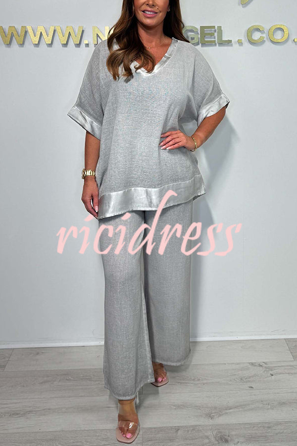 Fashionable V-neck Short-sleeved Loose Top and Elastic Waist Casual Wide-leg Pants Set