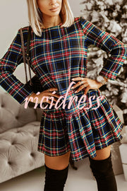 Fashionable Plaid Print Long Sleeve Round Neck Slim Fit Mini Dress