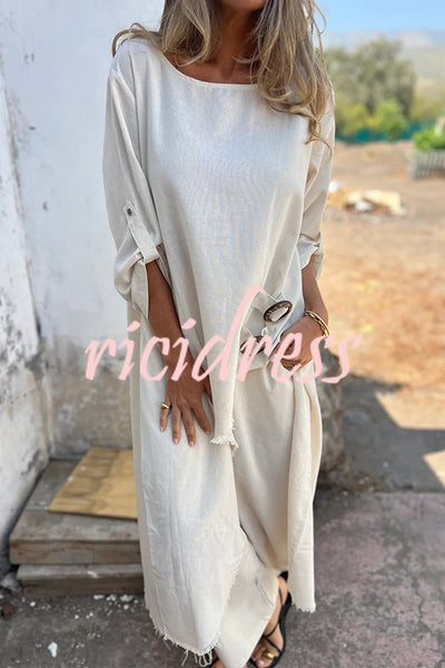 Jamilah Linen Blend Ring Detail Midi Blouse  and Elastic Waist Pocketed Loose Pants Set