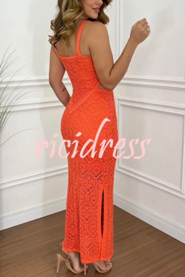 Zafina Crochet Knit Cutout Waist Texture Slit Stretch Maxi Dress