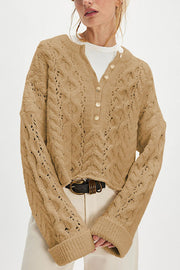 Solid Color Loose-fitting Openwork Long-sleeved Knit Sweater