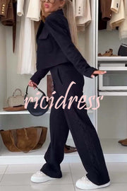 Fashion Lace Panel Long-sleeved Crop Top and Elastic Waist Tie Pocket Casual Pants Set