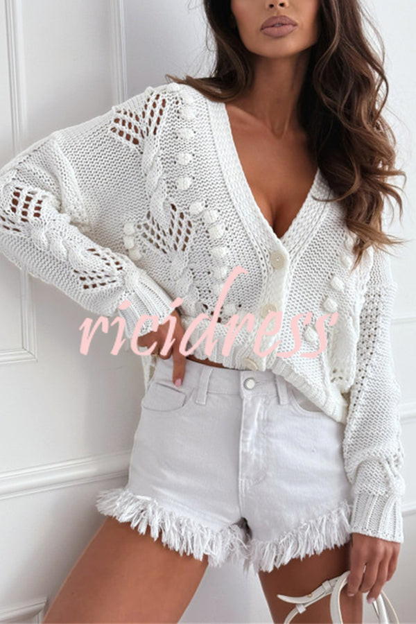 Fashion Hollow Long Sleeve V-neck Button Loose Knitted Cardigan