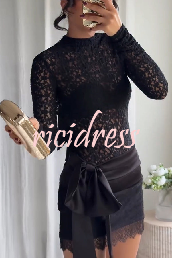 Anna Semi-sheer Lace Long Sleeve Back Bow Tie-up Cutout Stretch Bodysuit