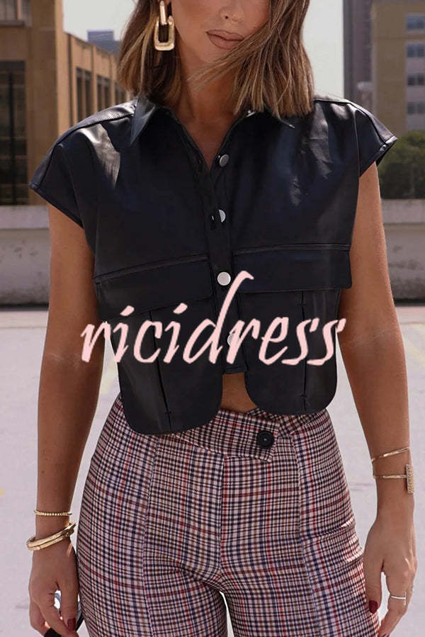 Fashion Faux Leather Pocket Sleeveless Cropped Jacket