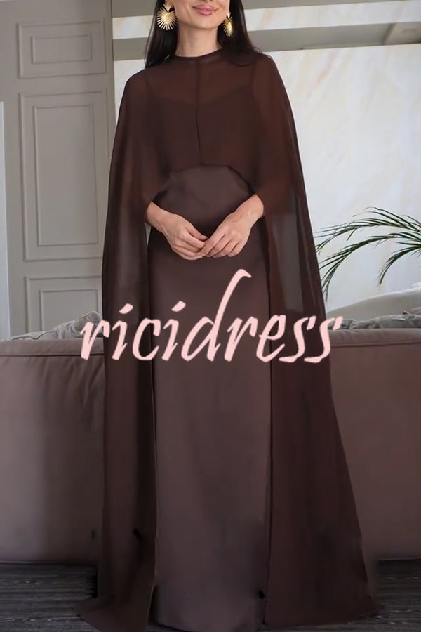 Moonlit Muse Sheer Chiffon High Low Cape Slip Maxi Dress