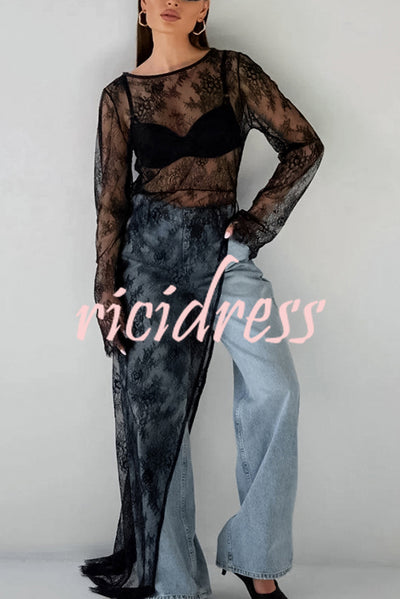 Sexy Openwork Lace Long-sleeved Asymmetrical Casual Top