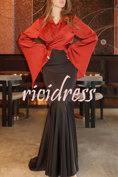 Jenny Satin High Rise Elastic Waist Flare Maxi Skirt