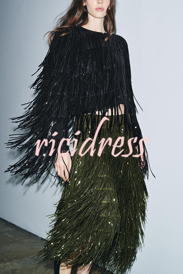 Stylish Sequined Tassel Elegant Midi Skirt