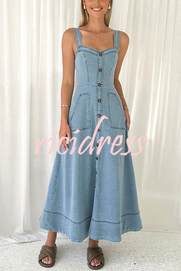 Solid Color Suspender Pocket Button Slim Denim Midi Dress