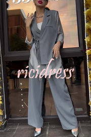 Chic and Elegant Chiffon Patchwork Irregular Lace-up Jacket and Pocketed Straight-leg Pants Set