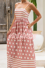 Striped Polka-dot Print Sling Pleated Open-back Maxi Dress