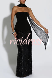 Oakley Corset Strapless Top and Sequin High Rise Maxi Skirt Scarf Set