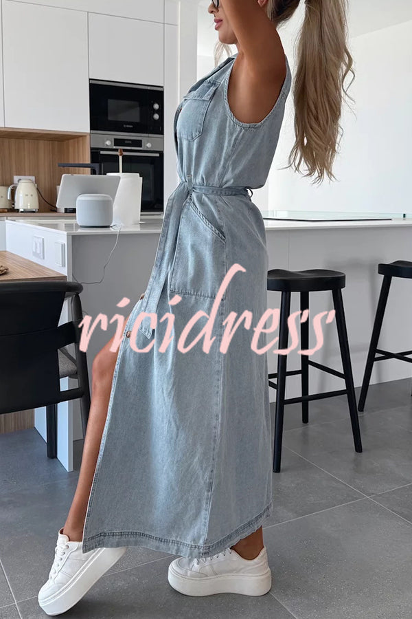 Solid Color Sleeveless Single Breasted Waist Tie Casual Pocket Denim Midi Dress