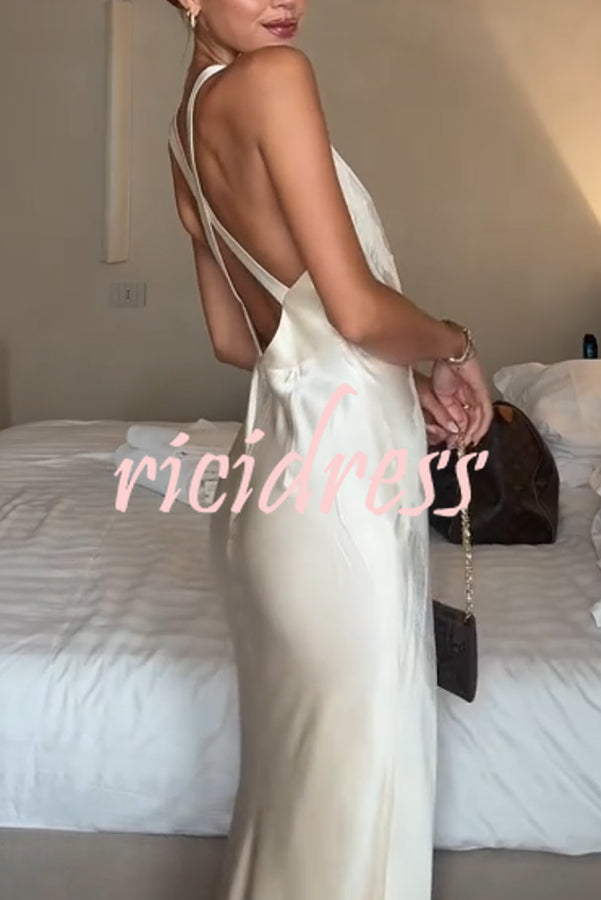 Modern Day Glam Satin Lace Trim V-neck Cross Back Maxi Dress