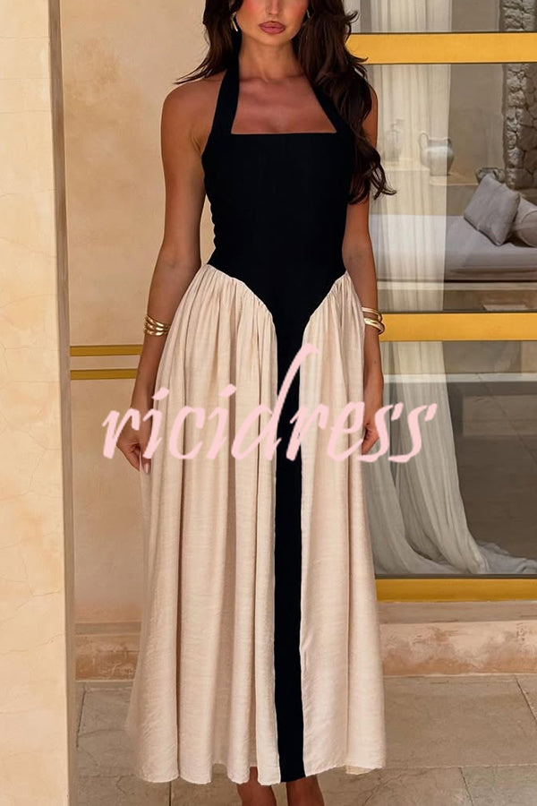 Fashion Contrast Color Stitching Sleeveless Backless Slim Maxi Dress