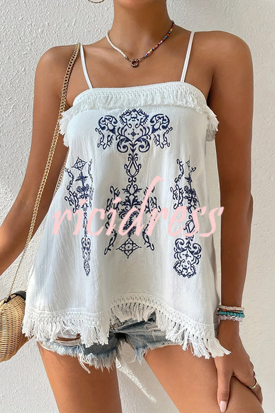 Ethnic Embroidered Adjustable Straps Fringed Top