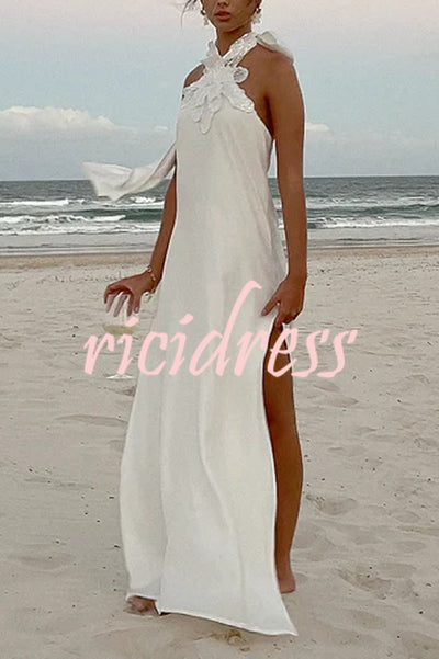 Floral Embellished Satin Halterneck Backless Resort Maxi Dress