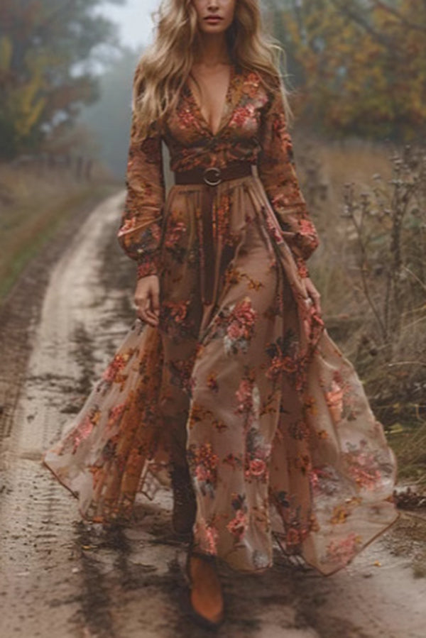 Floral Print Long Sleeve V-neck Waist Maxi Dress