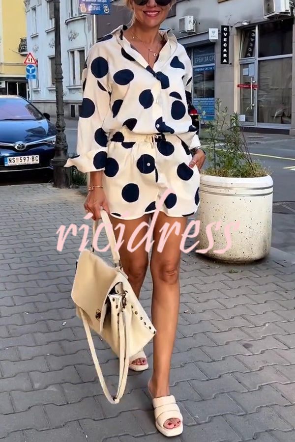 Giselle Linen Blend Polka Dot Print Lapel Long Sleeve Shirt and Elastic Waist Pocket Shorts Set
