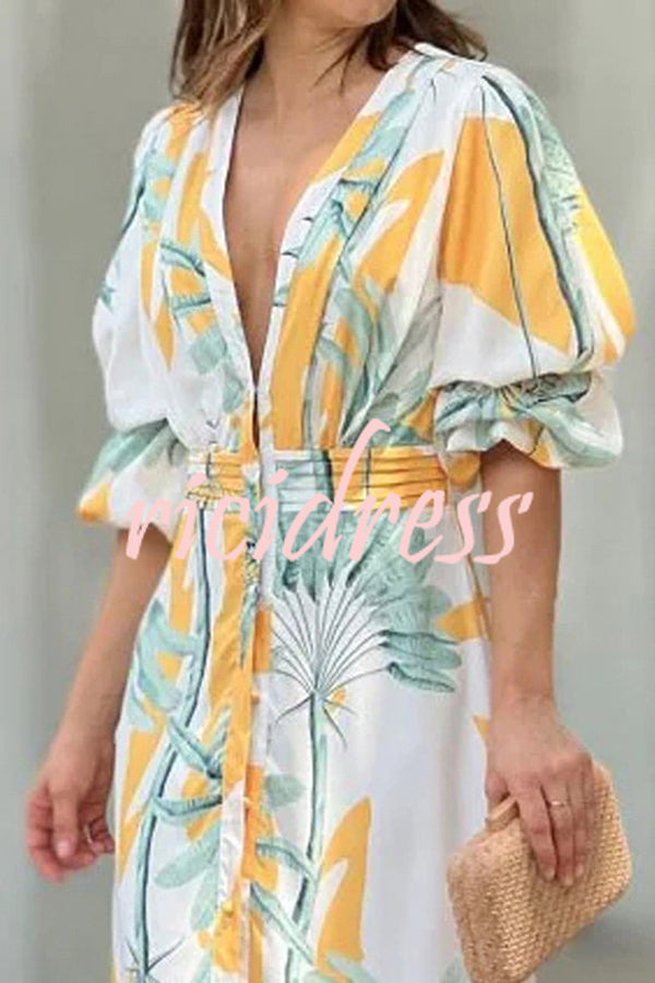 Floral Print Shirt Neck Puff Sleeve Button Maxi Dress