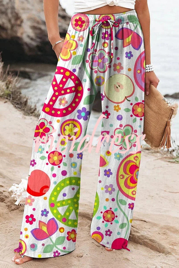 Colorful Printed Elastic Waist Drawstring Pocket Casual Pants