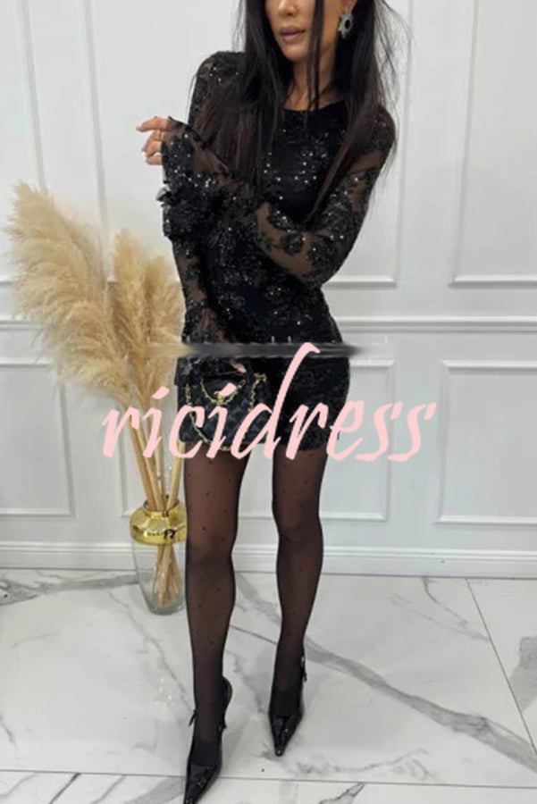 Deep and Dazzling Floral Texture Sequin Long Bell Sleeve Open Back Mini Dress