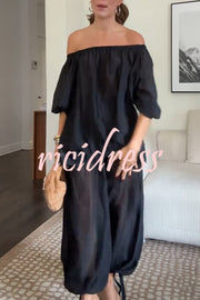 Comfortable Area Chiffon Off Shoulder Balloon Sleeve Top and Elastic Waist Knotted Bloomer Set