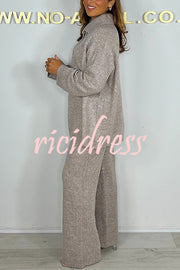 Solid Color Lapel Long-sleeved Loose Top and Elastic Waist Casual Pants Set