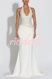 Exclusive Declaration Sequin Halter Neck Back Lace-up Ruched Hem Maxi Dress