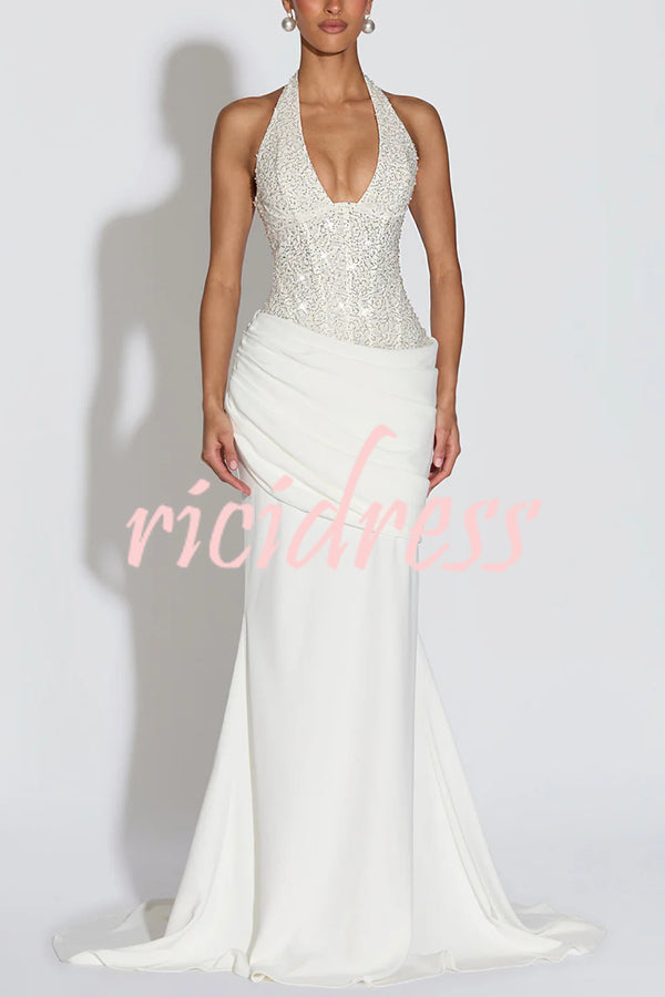 Exclusive Declaration Sequin Halter Neck Back Lace-up Ruched Hem Maxi Dress