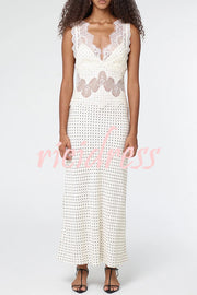 Wonderful Fusion Satin Lace Trim Poka Dot V-neck Drape Maxi Dress