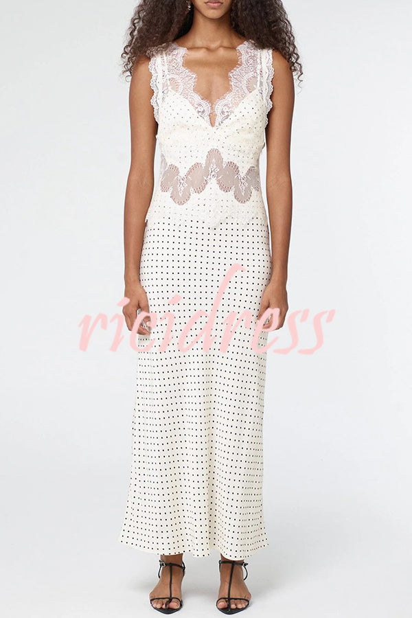 Wonderful Fusion Satin Lace Trim Poka Dot V-neck Drape Maxi Dress