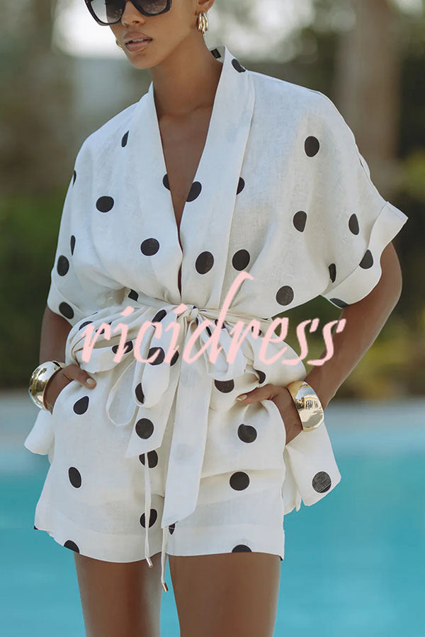 Playful Linen Blend Polka Dot Tie-up Kimono Top and Elastic Waist Pocket Shorts Set