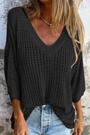 Fashionable Hollow V-neck Long-sleeved Casual Loose Knitted Top