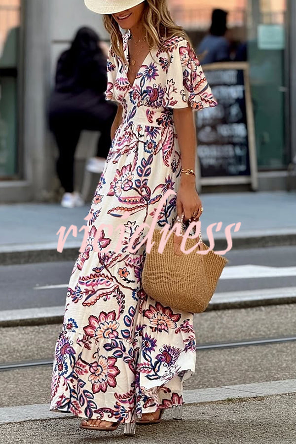 Unique Print V-Neck Waist Holiday Maxi Dress