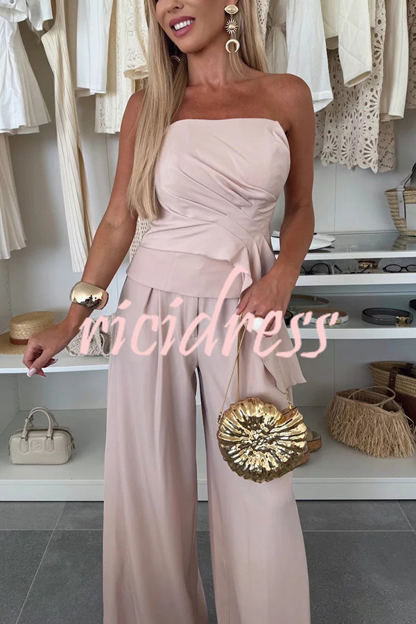 Elegant Solid Color Asymmetric Ruffles Bandeau Top and High Waist Wide Leg Pants Set