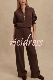 Meet The Autumn Ribbed Zipper Neck Sweatshirt and Elastic Waist Pocketed Loose Pants Set