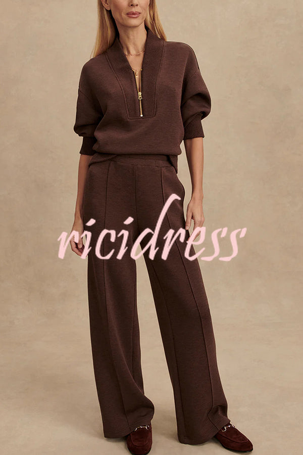 Meet The Autumn Ribbed Zipper Neck Sweatshirt and Elastic Waist Pocketed Loose Pants Set