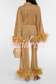 Glitter Fabric Feather Trim Long Sleeve Button Top and Elastic Waist Loose Straight Pants Set