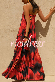 For Every Occasion Satin Pleated Floral Print V-wire Bandeau Neck Maxi Dress